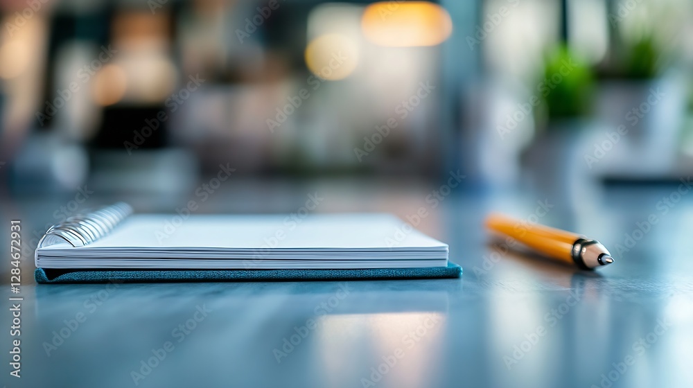 Poster Empty notebook and pen on a wooden table with a blurred background inviting focus on creativity and ideas : Generative AI