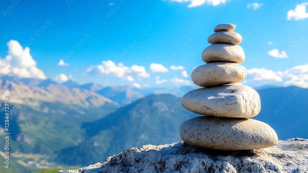 Poster a stack of smooth stones carefully balanced against a breathtaking mountain backdrop : generative ai