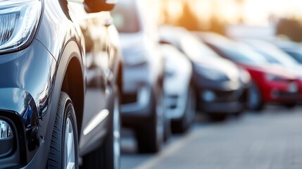 Close view of parked cars lined up in a busy urban area during golden hour : Generative AI