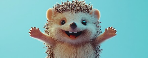 Obraz premium Adorable cartoon hedgehog with outstretched paws on blue background