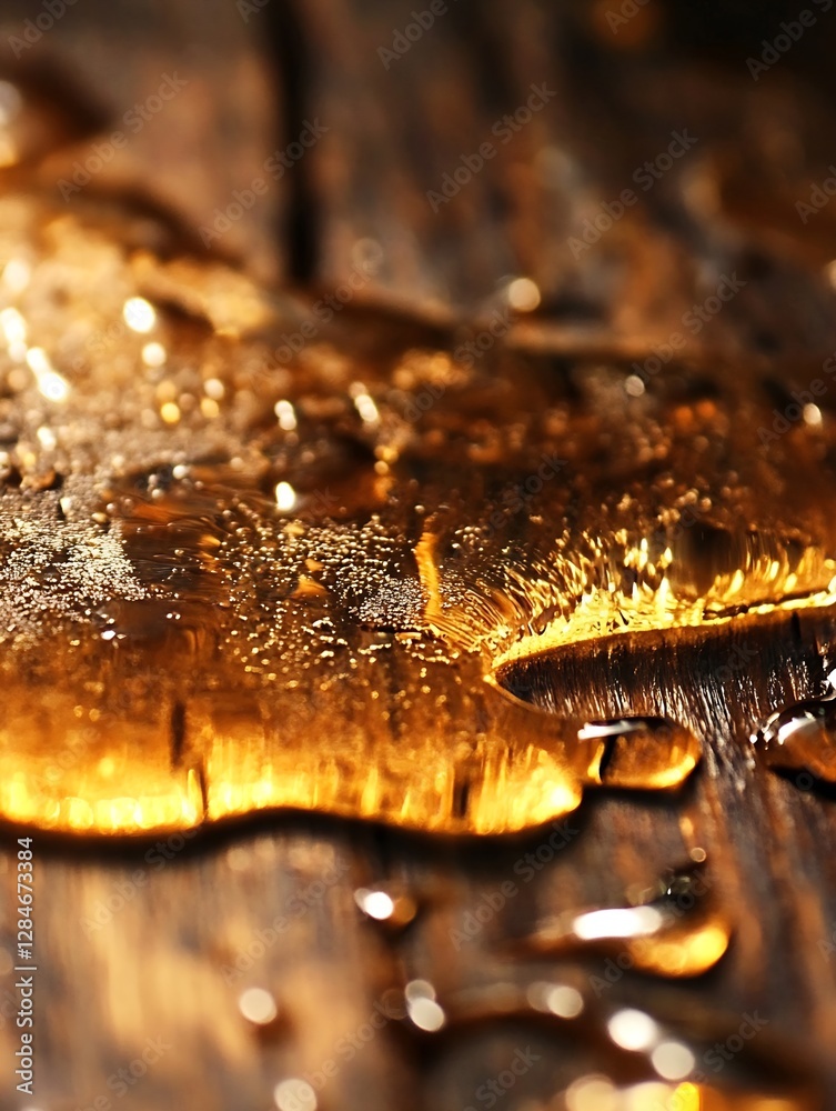 Aufkleber abstract closeup of golden liquid on wooden surface reflecting light and texture : generative ai