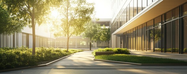 Sunlit modern courtyard with lush greenery and glass architecture