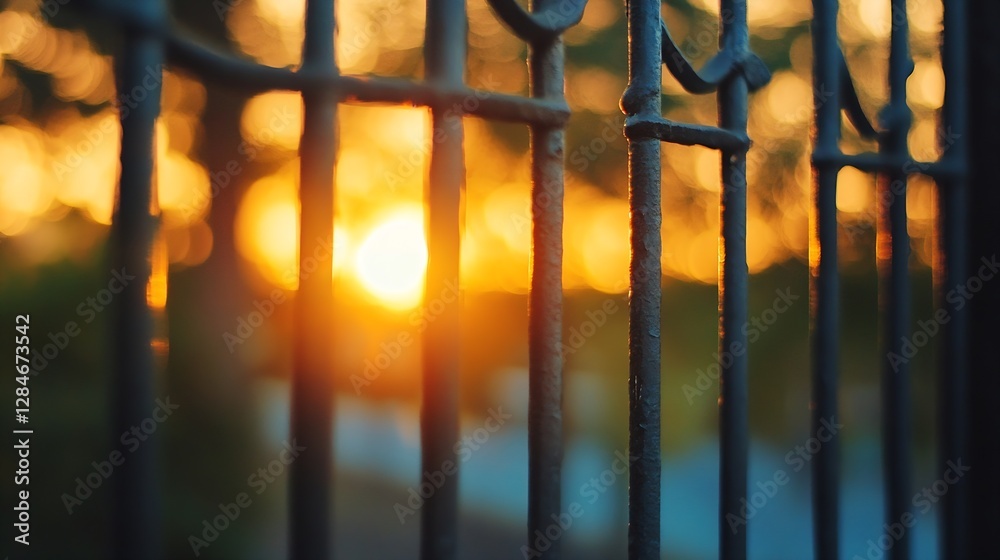 Poster soft focus of a sunset through an elegant iron fence creating a dreamy ambience : generative ai