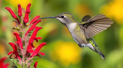 Hummingbird in flight feeding on red flower, vibrant garden backdrop
