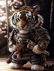 A majestic Bengal tiger, donned in full samurai armor, stands with an unshakable presence. His piercing amber eyes radiate wisdom and discipline, while the ancient battle-worn lamellar armor glistens 