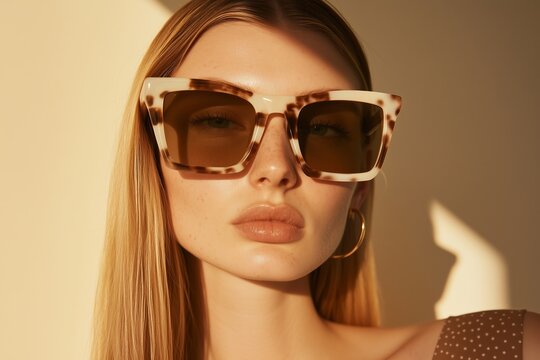 sleek, modern portrait of a woman wearing oversized square sunglasses with a striking tortoiseshell and cream frame. The angular design adds a sophisticated touch