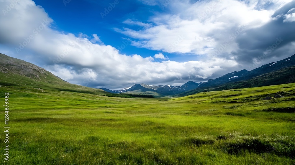 Aufkleber Expansive open field with lush green grass under a bright sky dotted with fluffy white clouds : Generative AI