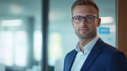 Fototapeta premium A confident young European male financial advisor in a professional setting. He is wearing glasses and a suit, projecting expertise and trustworthiness in finance.