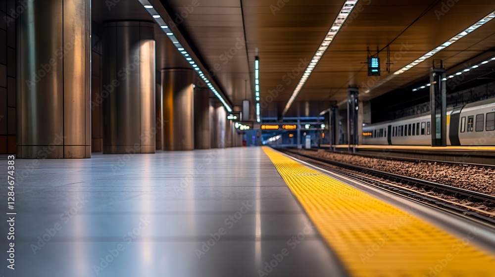 Poster modern train station platform with sleek architecture and well lit interiors showcasing waiting area