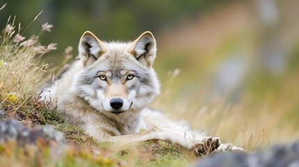 Obraz premium A majestic wolf lounging peacefully amidst soft grass and wildflowers in nature : Generative AI