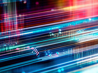 Fototapeta premium Colorful abstract lines create dynamic patterns of light and movement in a digital landscape