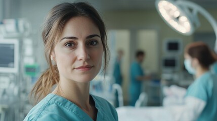 A young female nurse stands confidently in a busy medical setting, showcasing professionalism and care. Her focus represents dedication to patient health and safety.