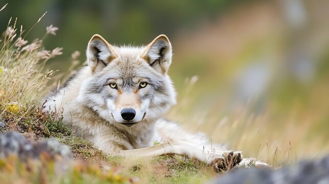 A majestic wolf lounging peacefully amidst soft grass and wildflowers in nature : Generative AI