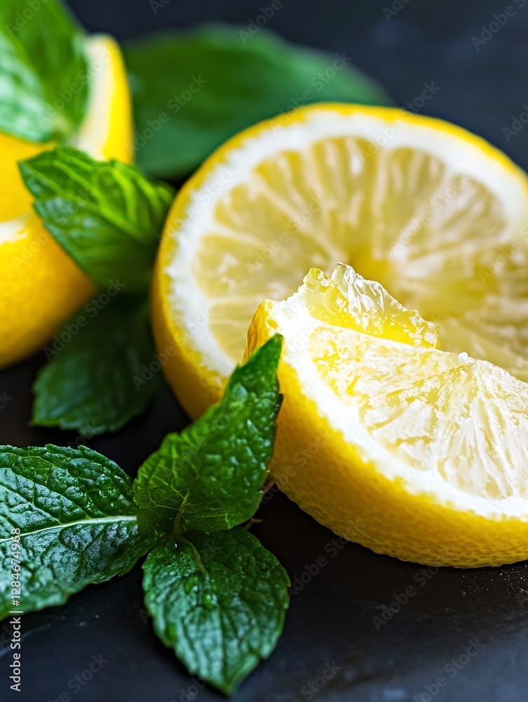 Poster vibrant lemons displayed with fresh mint leaves creating an aesthetic food presentation : generative