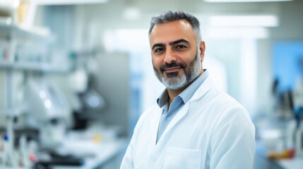A confident middle-aged Middle Eastern man in a lab coat smiles warmly in a modern laboratory setting, embodying professionalism and expertise in healthcare.