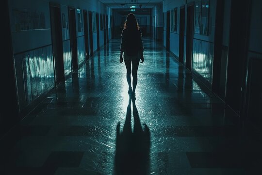 Mysterious figure walking down a dimly lit hallway, casting a long shadow, creating a sense of suspense and unease in the eerie, empty corridor with blue tones.