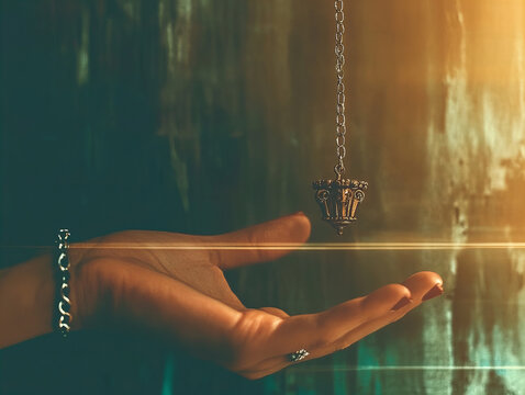 A pendulum swings gently above a person's open hand, creating an aura of mystery and focus in a dimly lit space