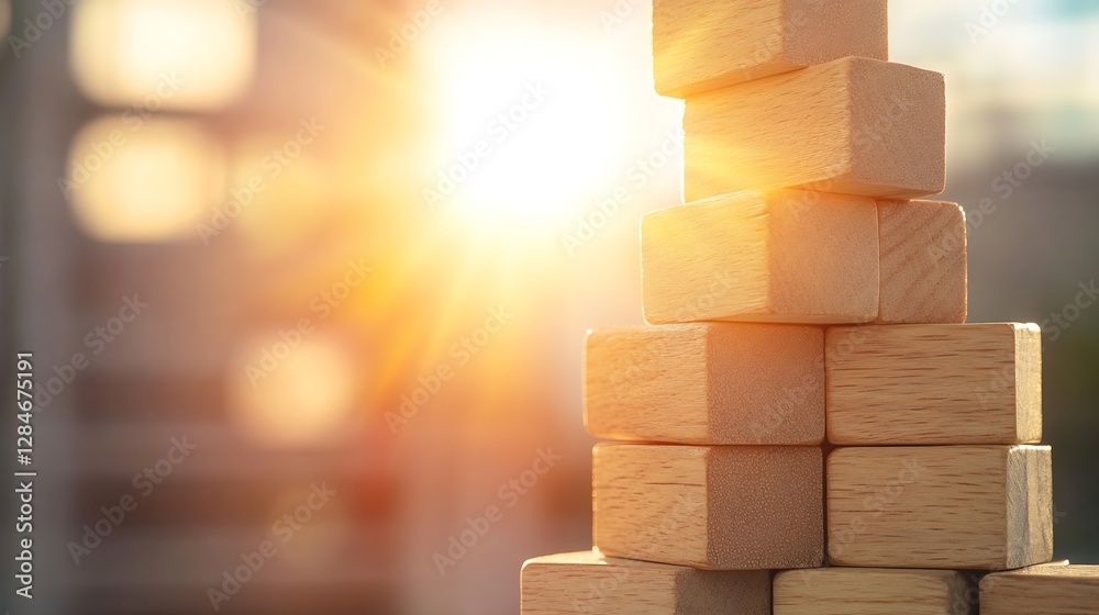 Poster beautiful arrangement of wooden building blocks stacked elegantly with sunlight pouring over them : 