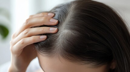 Naklejka premium Hair loss displayed in a person inspecting their scalp in a cozy, serene bedroom. Featuring care and self-awareness