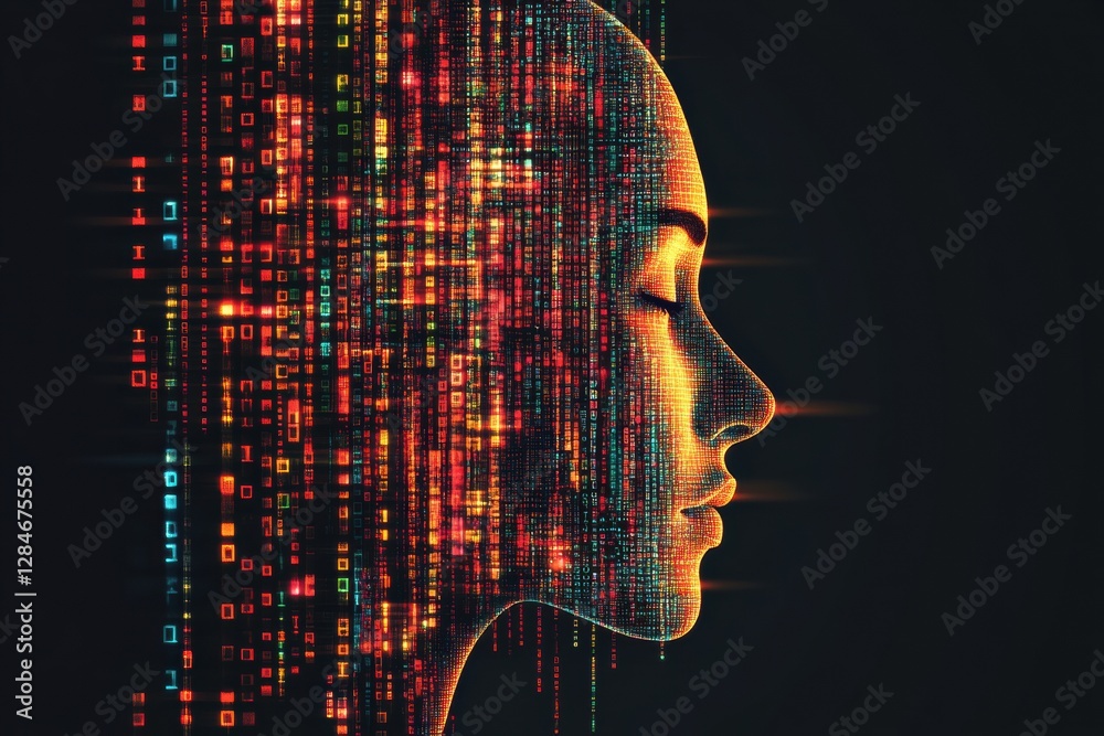 Poster Human face outline dissolving into dynamic binary code representing a futuristic AI concept within a digital landscape. Generative AI