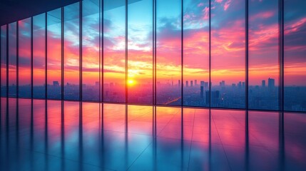 Vibrant Sunset Over Urban Skyline Through Glass Windows