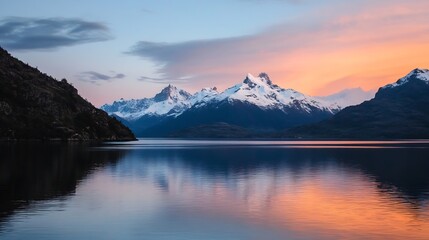 Breathtaking sunset over snow capped mountains reflecting on calm lake waters : Generative AI