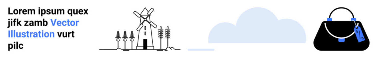 Windmill and trees in a rural setting, contrasting with a stylish handbag. Ideal for fashion, travel, minimalism, countryside, eco-living, accessories, flat landing page banner