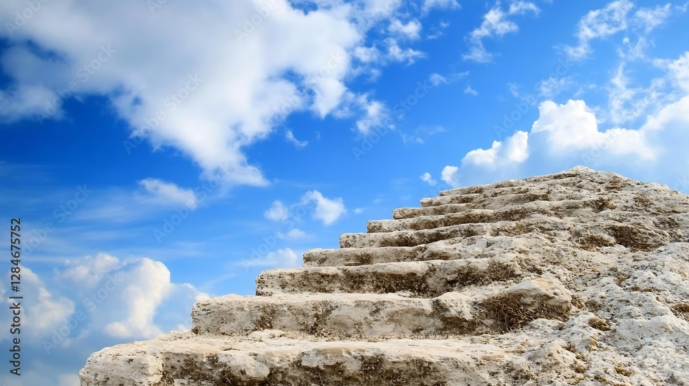 Aufkleber beautiful stone steps leading upward towards a bright blue sky with fluffy clouds : generative ai