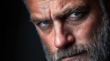 Obraz premium A man with a beard and a blue eye stares at the camera
