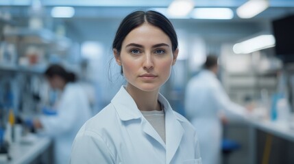 A portrait of a young female scientist in a laboratory setting, showcasing focus and determination. She represents the modern scientific community engaged in research and innovation.