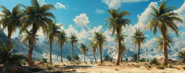 Fototapeta premium Scenic tropical oasis with palm trees and mountain landscape under blue sky