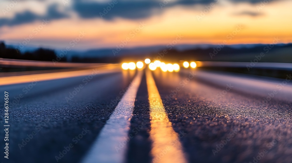 Poster Dynamic sunset scene capturing headlights illuminating asphalt road with motion blur : Generative AI