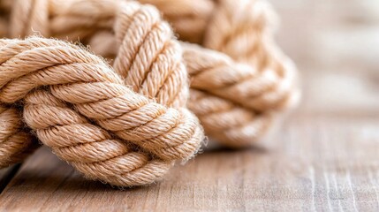 Twisted nautical rope on wooden surface, close-up