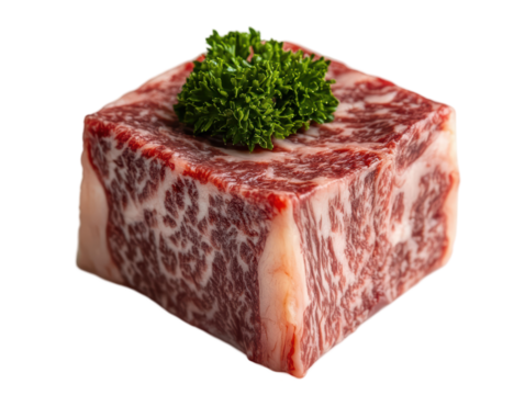 Isolated Cubical Piece of Raw Wagyu Beef with Intricate Marbling