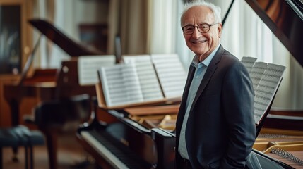 This portrait features an elderly European male musician standing gracefully beside a grand piano, capturing the essence of musical artistry and elegance in a serene studio setting.