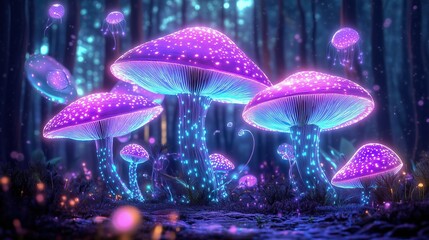 Vibrant, glowing fungi illuminate a surreal forest setting, evoking fantasy and wonder in nature.