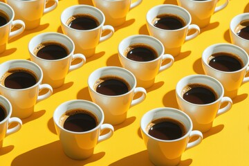 Bright yellow background filled with repeating patterns of coffee cups, each filled with dark aromatic coffee and casting stark contrasting shadows, creating a playful yet stimulating visual.