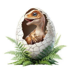 Isolated Baby Dinosaur Leaning Out of Shattered Egg in Green Frond Nest