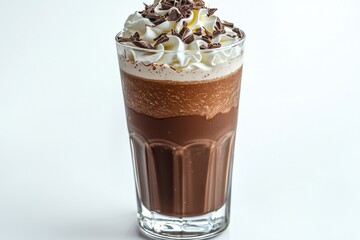 A decadent chocolate milkshake in a glass topped with whipped cream and chocolate shavings, presented against a clean, bright white background for a polished look.