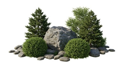 Greenery and Rocks Garden Arrangement Isolated on White Background
