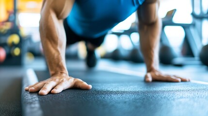 Fototapeta premium Focused athlete performing pushups in a wellequipped gym emphasizing strength and fitness training : Generative AI