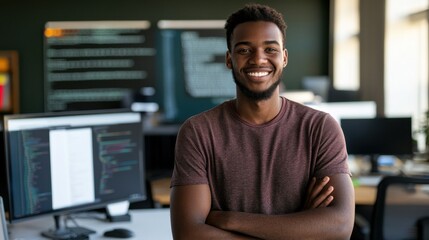 A young male software developer smiles confidently in a modern office setting, showcasing a passion for technology and programming with screens in the background.