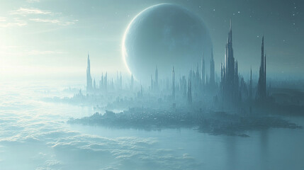 A futuristic city with towering buildings, a large planet in the sky, surrounded by water in broad daylight. The blue sky and bright sun symbolize progress, innovation, and harmony with nature