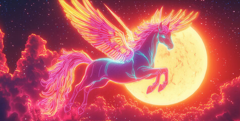 Fototapeta premium A magnificent winged unicorn flies gracefully through a colorful sky filled with swirling clouds. The glowing full moon illuminates the night, adding to the magical atmosphere