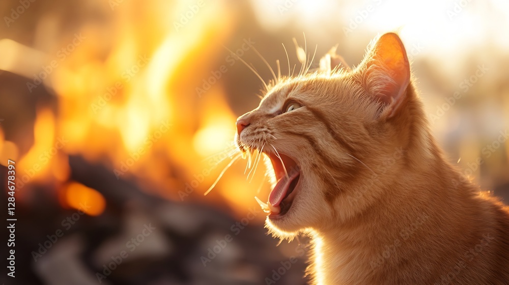 Poster vibrant ginger cat yawning with flames in background showcasing wild energy and movement : generativ