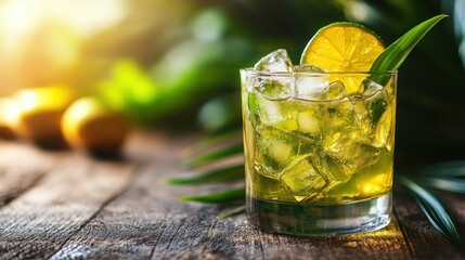 Iced lime cocktail, tropical leaves, wood, sunlight, refreshment, summer drink menu