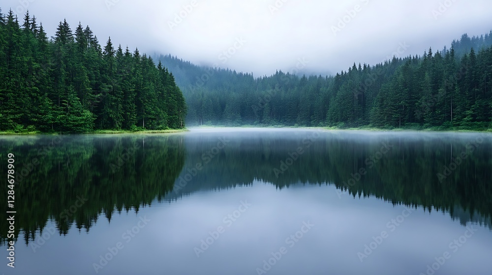 Aufkleber tranquil forest lake reflecting lush greenery and misty mountains in a serene environment : generati