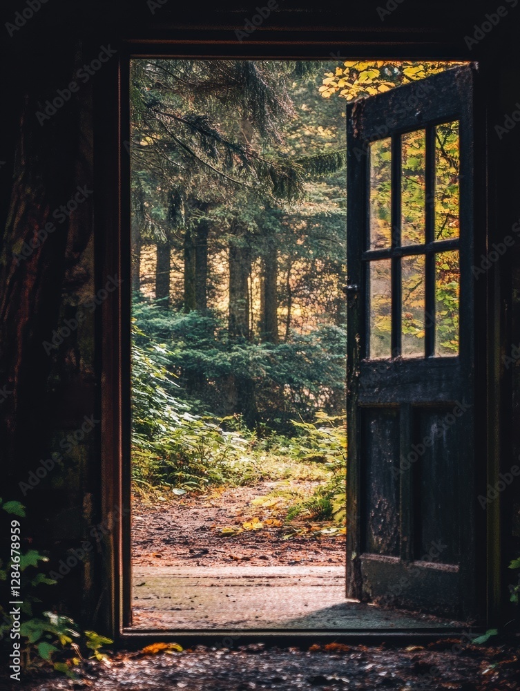 Poster open door leading to a lush forest pathway in a serene, untouched nature setting during golden hour 