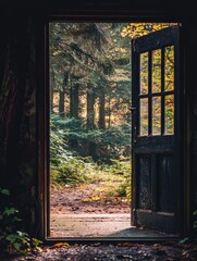 Open door leading to a lush forest pathway in a serene, untouched nature setting during golden hour light. Generative AI