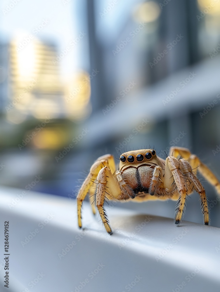 Poster closeup photo of a curious spider exploring its surroundings with a blurred urban background : gener